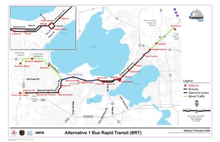 This map shows Alternative 1 Bus Rapid Transit. The route includes mixed traffic from East Towne Mall to Commercial Avenue along US Highway 151, diamond lanes along East Washington Avenue to and around the Capitol square, diamond lanes headed west along University Avenue and Johnson Street to the UW campus, a busway on the railroad right-of-way to and through Shorewood Hills, then continuing west along University Avenue in mixed traffic through downtown Middleton to Greenway Center. Diamond lanes are also shown on Whitney Way from University Avenue to Mineral Point Road and along Mineral Point Road to the Beltline. Twenty-four stations are also shown.