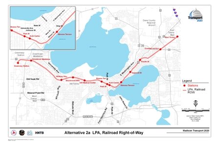Alternative 2a LPA, Railroad Right-of-Way includes a rail alignment along railroad corridors with stations at East Towne, Commercial Avenue, Fourth Street, Ingersoll Street, Monona Terrace, Kohl Center, Park Street, Breeze Terrace, UW Medical Center, Shorewood Hills, Whitney Way, Downtown Middleton, and Greenway Station.