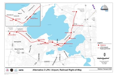 Alternative 3 LPA/Airport, Railroad Right-of-Way includes a rail alignment along railroad corridors with stations at the Airport, North Transfer Point, Fordam Avenue, Ingersoll Street, Monona Terrace, Kohl Center, Park Street, Breeze Terrace, UW Medical Center, Shorewood Hills, Whitney Way, Downtown Middleton, and Greenway Station.