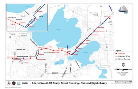 This map shows Alternative 4 LRT Study, Street Running/Railroad Right-of-Way. The route includes a street running segment from East Towne Mall to and through the Isthmus along US Highway 151 and East Washington Avenue, then continuing on railroad right-of-way to the Kohl Center, Park Street, Breeze Terrace, UW Medical Center, Shorewood Hills, Hill Farms, and then street running along Whitney Way to Mineral Point Road to the Beltline.