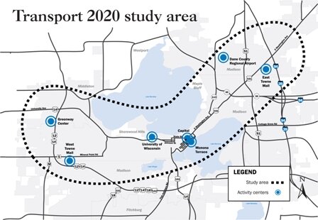 This study area map shows the study location and highlights activity centers of interest to the project. Starting on the west, the study area includes locations like the City of Middleton, West Madison, The Madiston Isthmus, East Madison and Sun Prairie. Highlighted activity centers include Greenway Center in Middleton, West Towne Mall, University of Wisconsin Campus, The Capitol, Monona Terrace Convention Center, Dane County Regional Airport, and East Towne Mall. (click to view large version)