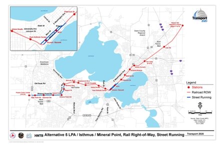 Alternative 5, Street Running includes a rail alignment along railroad corridors with stations at Reiner Road/West Sun Prairie (includes Park and Ride), Lein Rd (East Towne Mall), Fair Oaks (includes Park and Ride), Union Corners, Schenck-Atwood, Baldwin Street, Paterson Street, then transitioning to street running along Doty and Wilson Streets, then continuing on railroad right-of-way to the Kohl Center, Park UW Medical Center, Shorewood Hills, Midvale Boulevard, and Whitney Way. At Whitney Way the alignment transitions to street running along Whitney Way to Mineral Point Road to the Beltline. Stops are at Regent Street, Mineral Point Road, Island Drive, Gammon Road, High Point Road, and Prairie Town Center